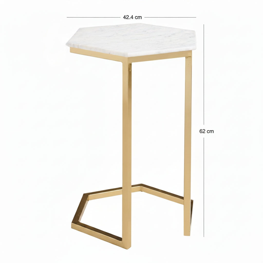 Table gigogne d'apointe piètement metalique finition doré plateau en MDF effet marbre qualité premium pas cher livraison partout au Maroc pour les petits appartements et studios Aibnb dimensions plateau 42cm hauteur 62cm