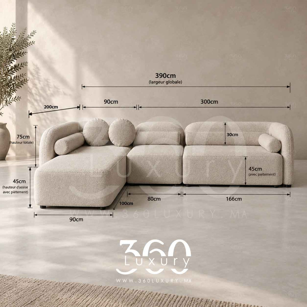 Plan avec dimensions du canapé L d’angle  contemporain premium Lorenzo Curve 360Luxury – largeur 390 cm, profondeur 110 cm et hauteur 75 cm