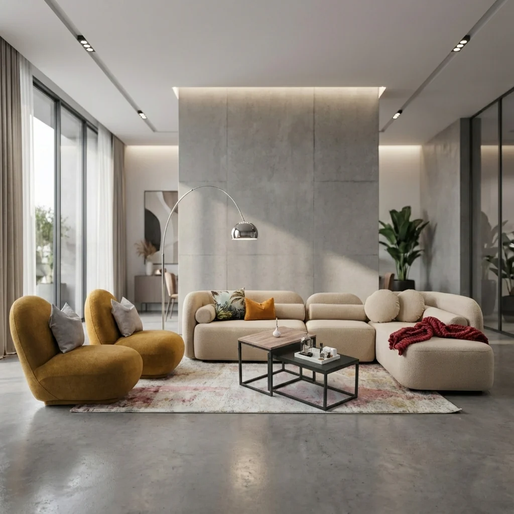 Canapé d’angle contemporain premium Lorenzo Curve 360Luxury – largeur 390 cm, profondeur 110 cm et hauteur 75 cm Tissus Velours Mat Anti Taches Jaune Moutard et Beige 