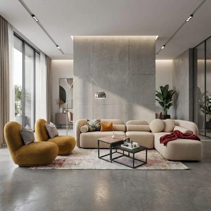Canapé d’angle contemporain premium Lorenzo Curve 360Luxury – largeur 390 cm, profondeur 110 cm et hauteur 75 cm Tissus Velours Mat Anti Taches Jaune Moutard et Beige 
