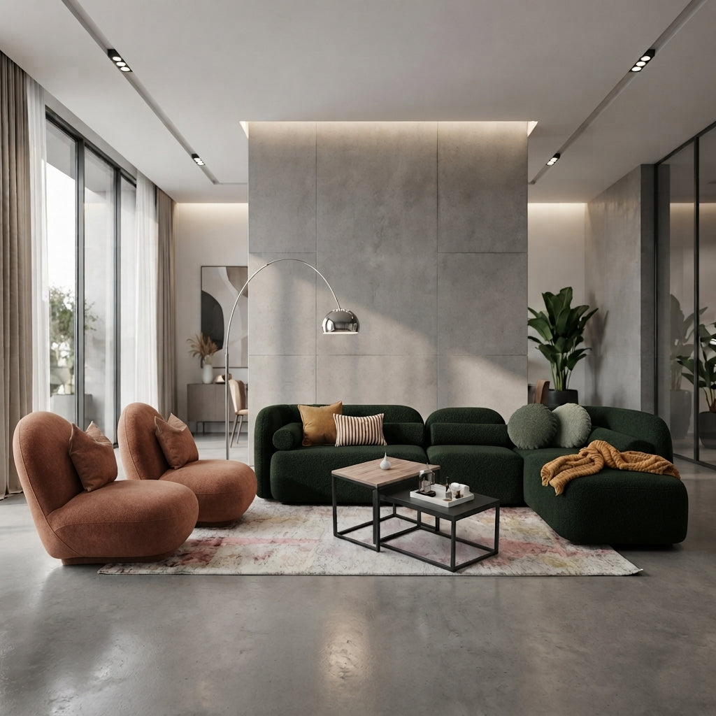 Canapé d’angle contemporain premium Lorenzo Curve 360Luxury – largeur 390 cm, profondeur 110 cm et hauteur 75 cm Tissus Velours Mat Anti Taches Vert Emeraude et Bronze 