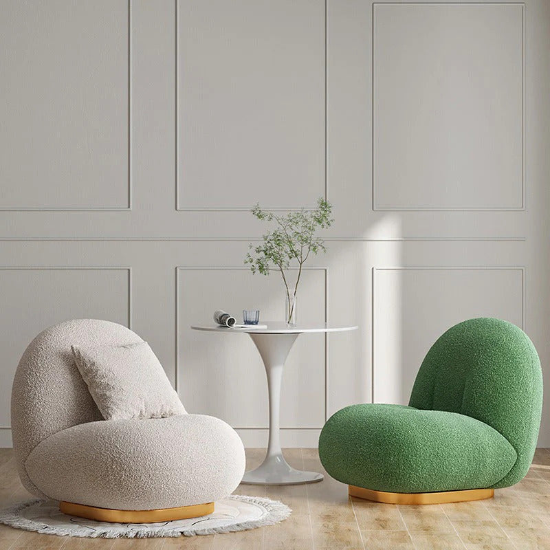 Fauteuil en tissus Bouclette qualité premium traité Anti-tache couleur blanc et vert socle doré assise confortable Moelleuse en HR pour les séjours les salon villa ou appartement de luxe magasin de vente de mobilier haut gamme en ligne Maroc a prix pas cher Casablanca Tanger Rabat Marrakech 
