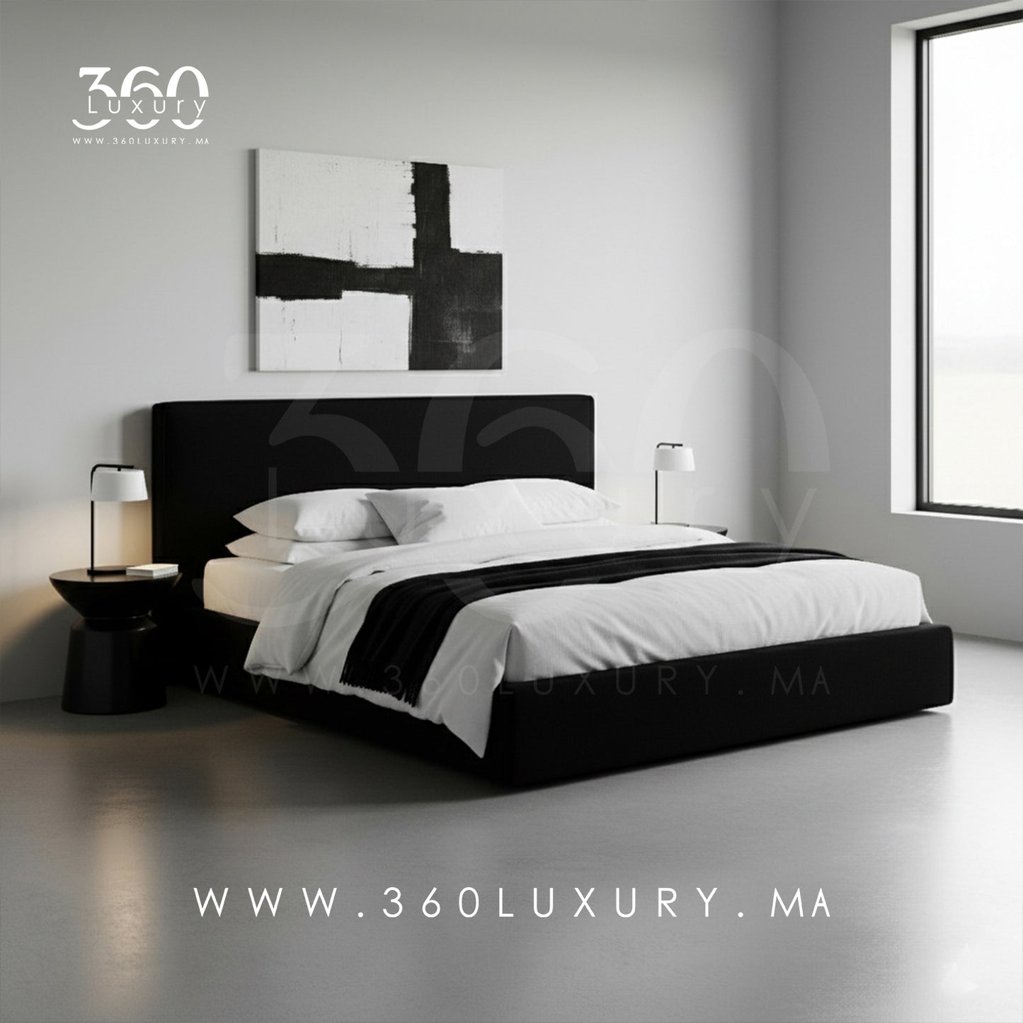 Vue latérale du lit OSLO noir contemporain avec tête rembourrée