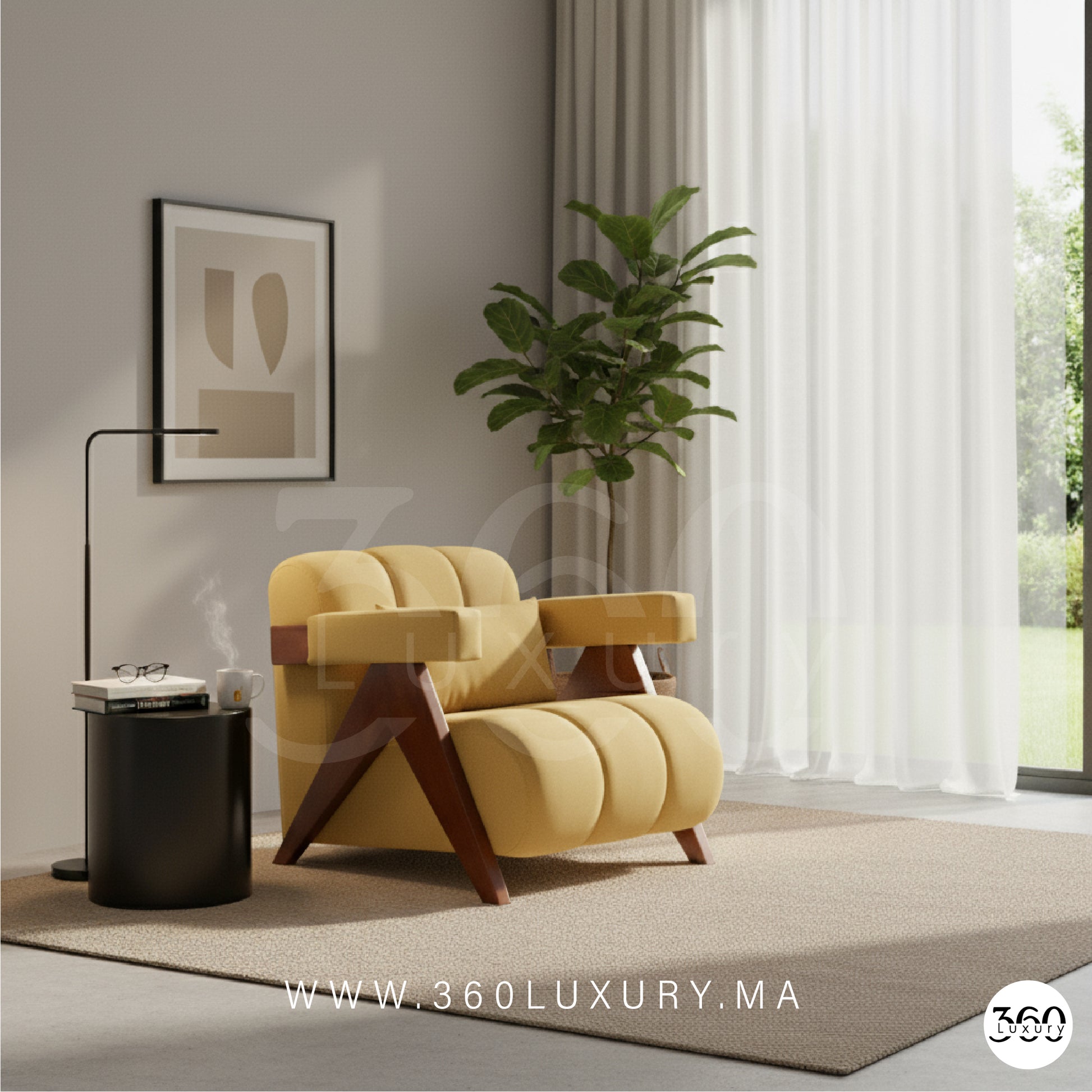 fauteuil moderne bois massif finition premium Maroc Chaise bois massif jaune velours classique moderne Maroc 360Luxury