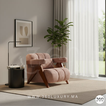 Chaise salon marron claire velours bois massif Tawada Casablanca Rabat Marrakech Maroc