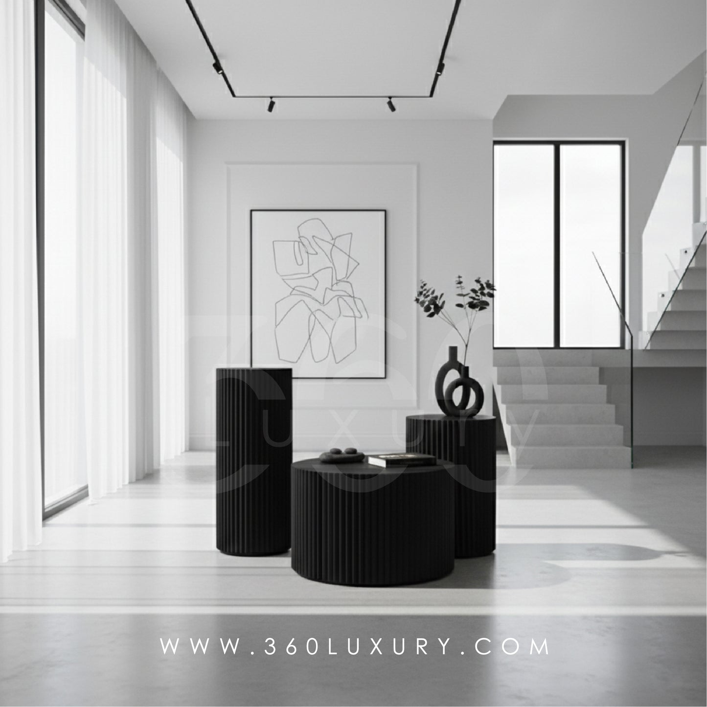 ORION Tables de chevet Colonnes Décoratives Design Cannelé Noir – 360Luxury