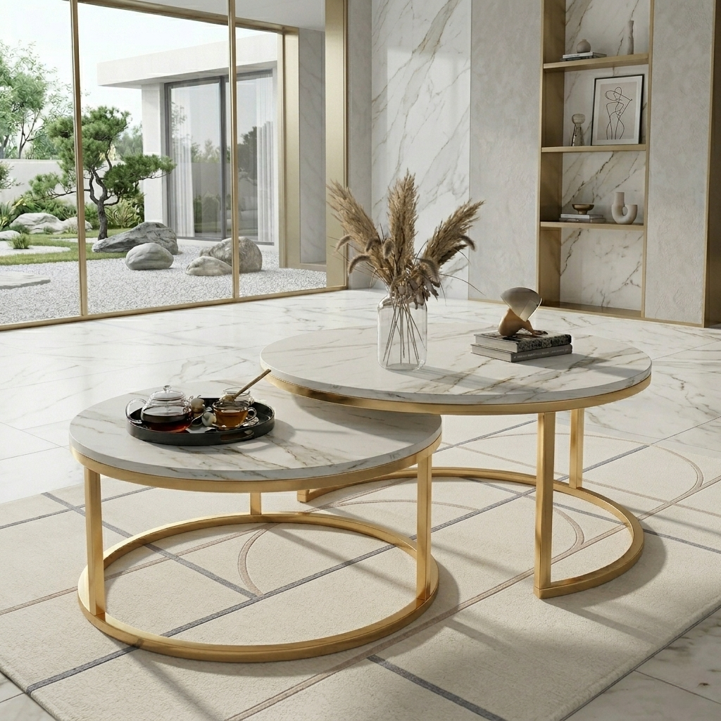 Table Basse piètements métallique doré plateau en MDF Hight Gloss effets marbre blanc calacata prix pas cher au maroc livraison a Casablanca Rabat tanger et Marrakech 