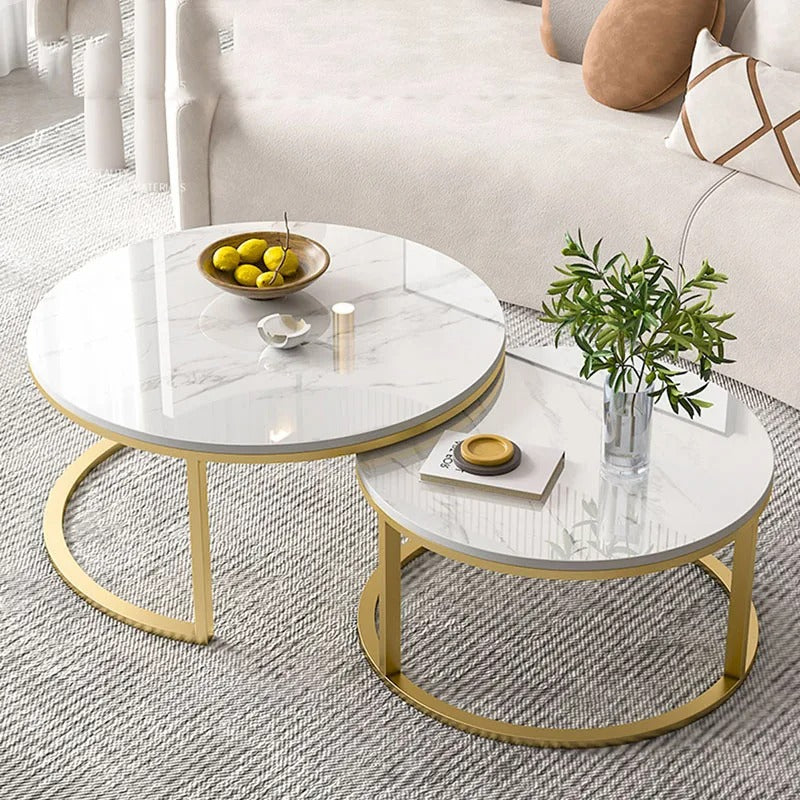 Table Basse piètements métallique doré plateau en MDF Hight Gloss effets marbre un duo de deux tables avec prix pas cher MDF effet marbre calacata prix pas cher au maroc livraison a Casablanca Rabat tanger et Marrakech 