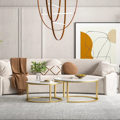Table Basse piètements métallique doré plateau en MDF Hight Gloss effets marbre un duo de deux tables avec prix pas cher MDF effet marbre calacata prix pas cher au maroc livraison a Casablanca Rabat tanger et Marrakech 