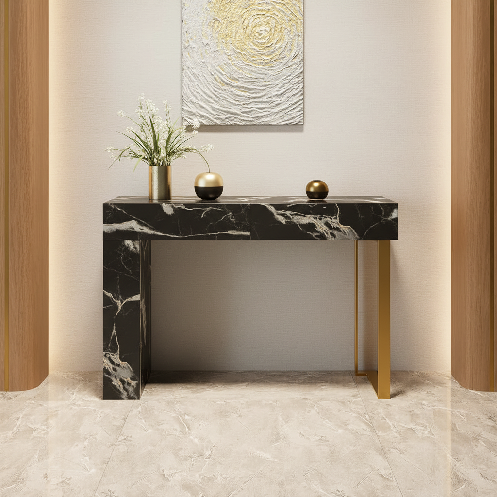 Console table pour entrée appartement ou villa pas cher qualité luxe Bois MDF effet marbre calacata Noir piètement metalique finition doré livraison partout au maroc 
