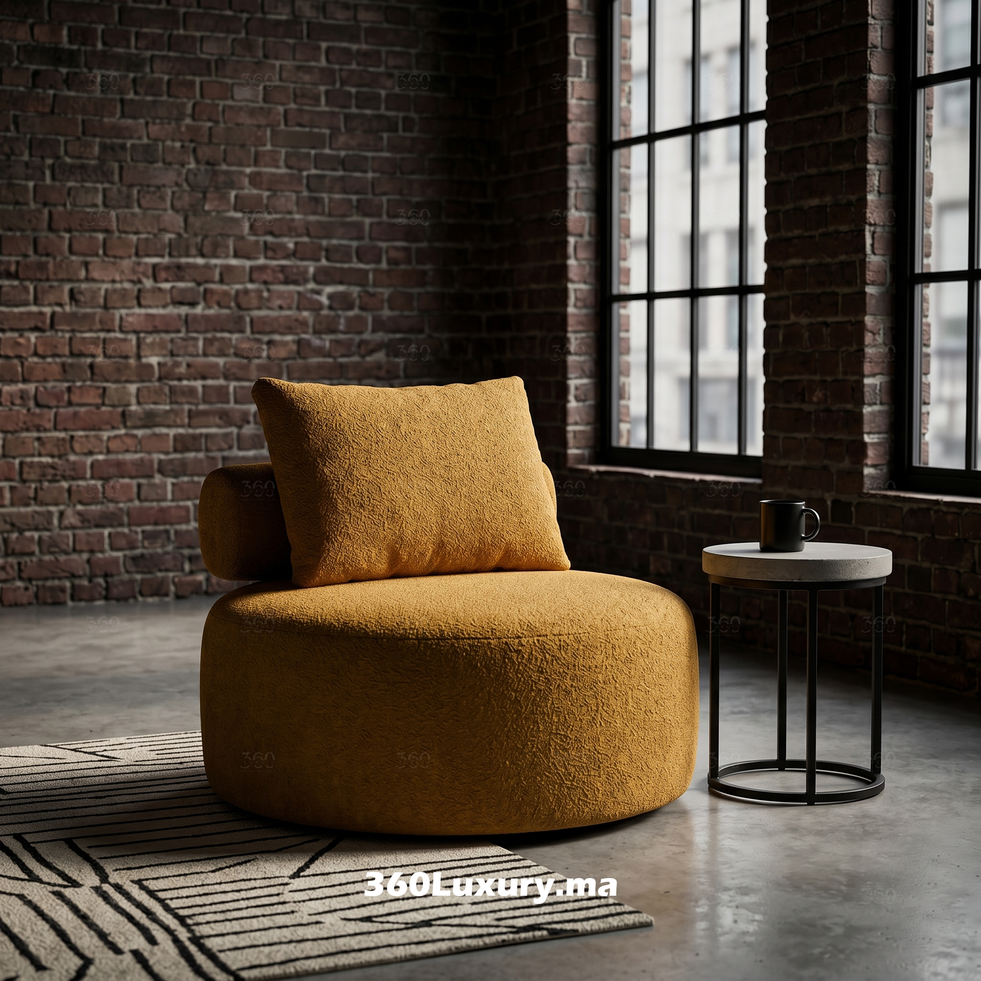 Fauteuil rond en tissu bouclette style luxe moderne pour salon contemporain au Maroc