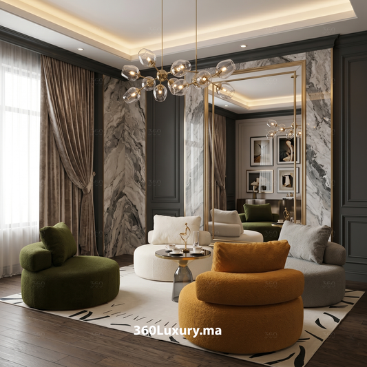 Fauteuil rond design luxe dans un salon moderne haut de gamme au Maroc avec décoration élégante