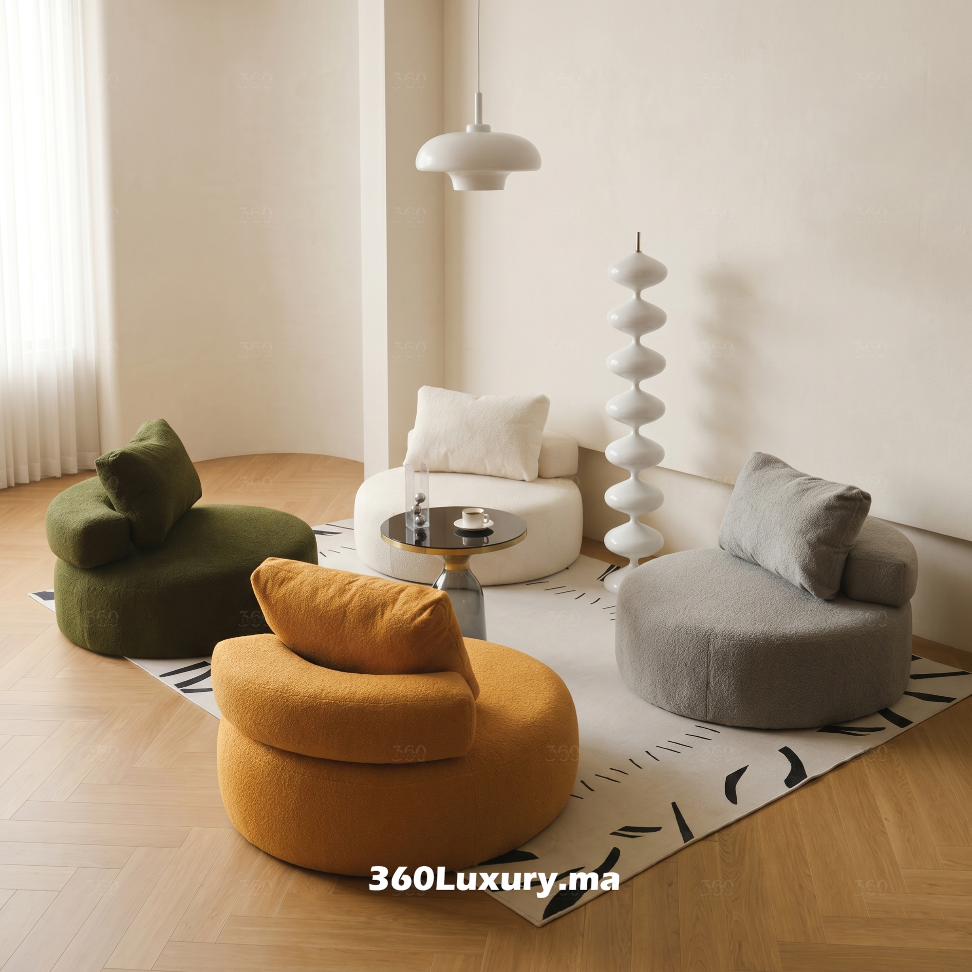 Fauteuil rond en tissu bouclette style luxe moderne pour salon contemporain au Maroc