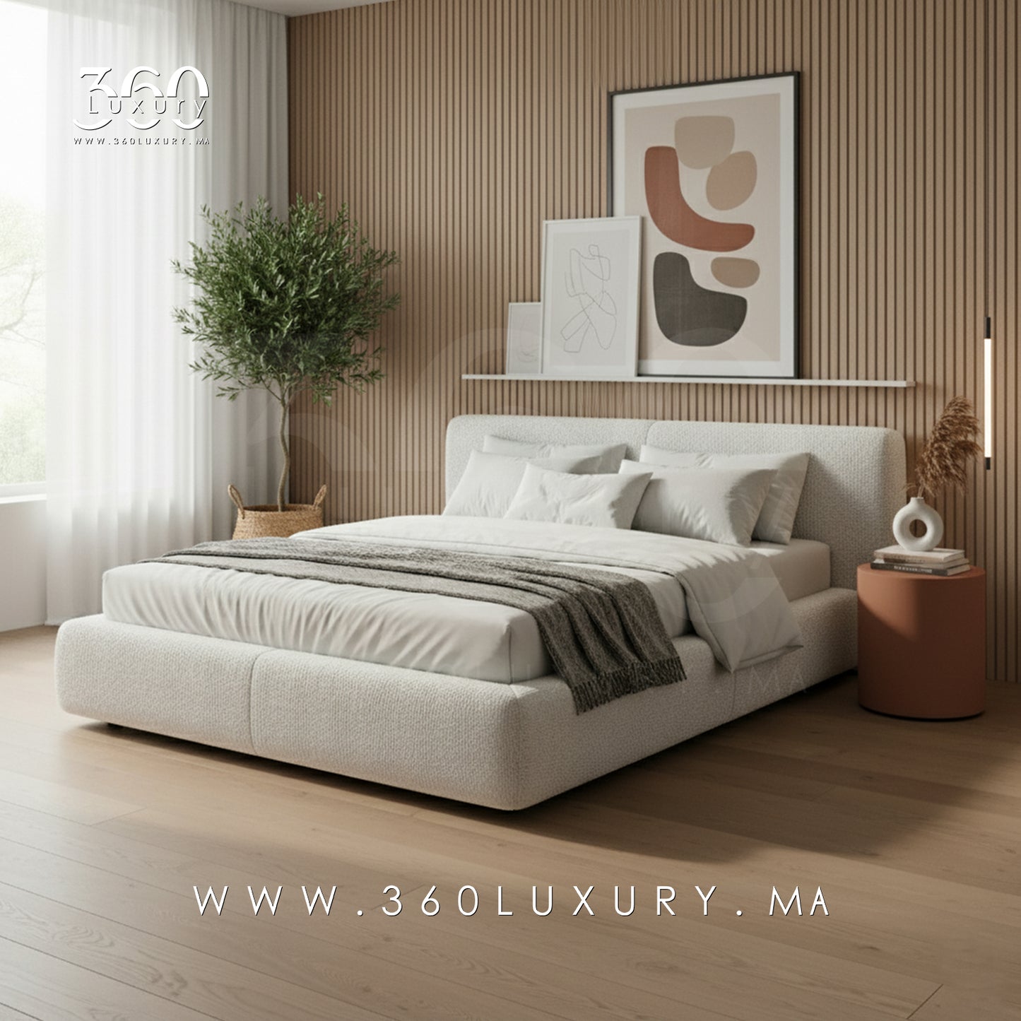 Lit LIVORNO bouclette blanc crème Casablanca, mobilier de luxe pas cher 360Luxury