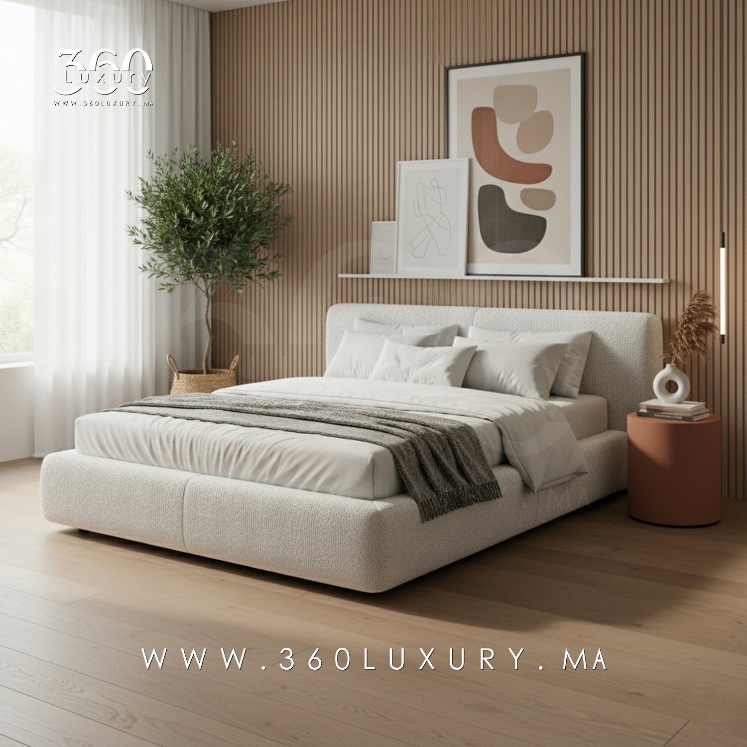 Lit LIVORNO bouclette blanc crème Casablanca, mobilier de luxe pas cher 360Luxury