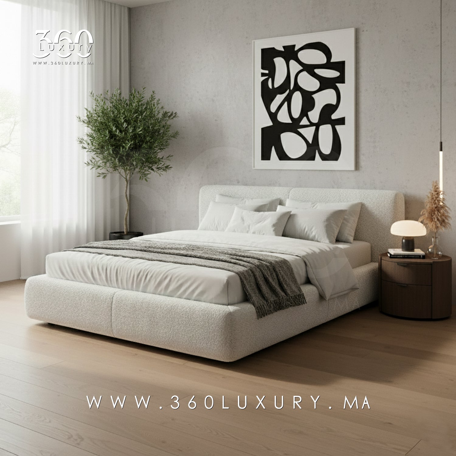 Lit design LIVORNO bouclette blanc crème Rabat, lit moderne de luxe à prix usine