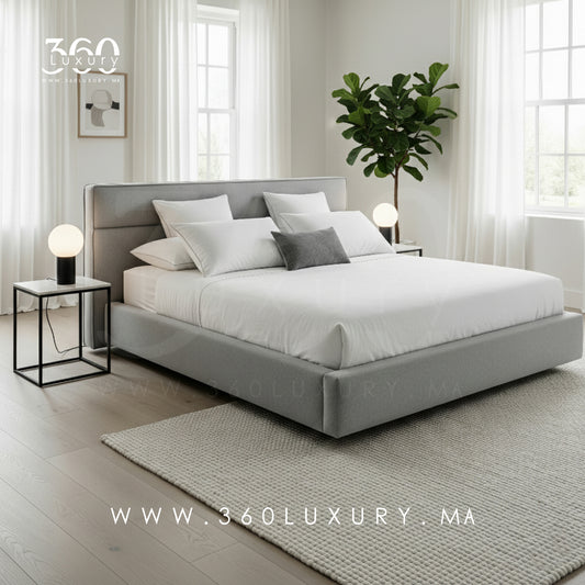 Lit LUGANO bouclette gris clair, design moderne et minimaliste au Maroc, pas cher en promotion, prix Usine, Livraison Gratuite.