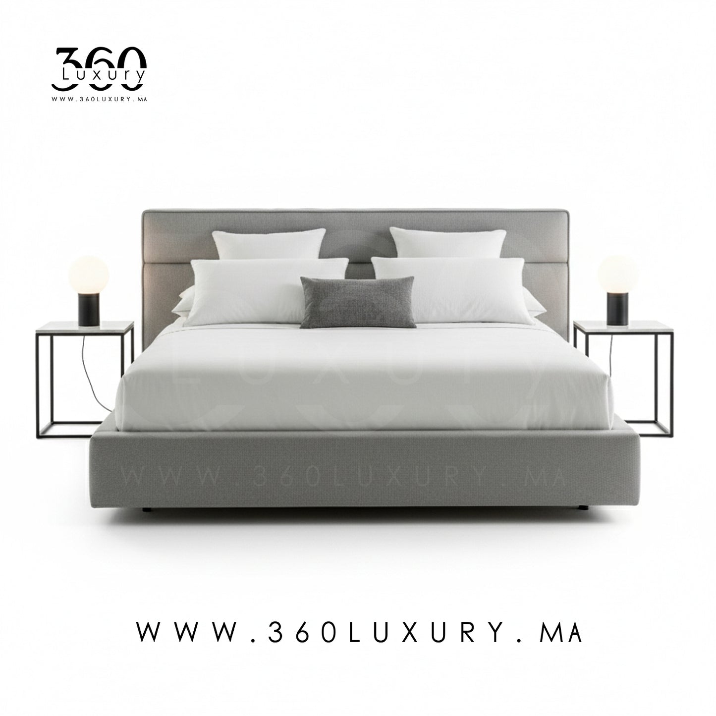 Lit bouclette gris clair LUGANO, structure en bois massif, 360Luxury Maroc, pas cher en promotion, prix Usine, Livraison Gratuite.