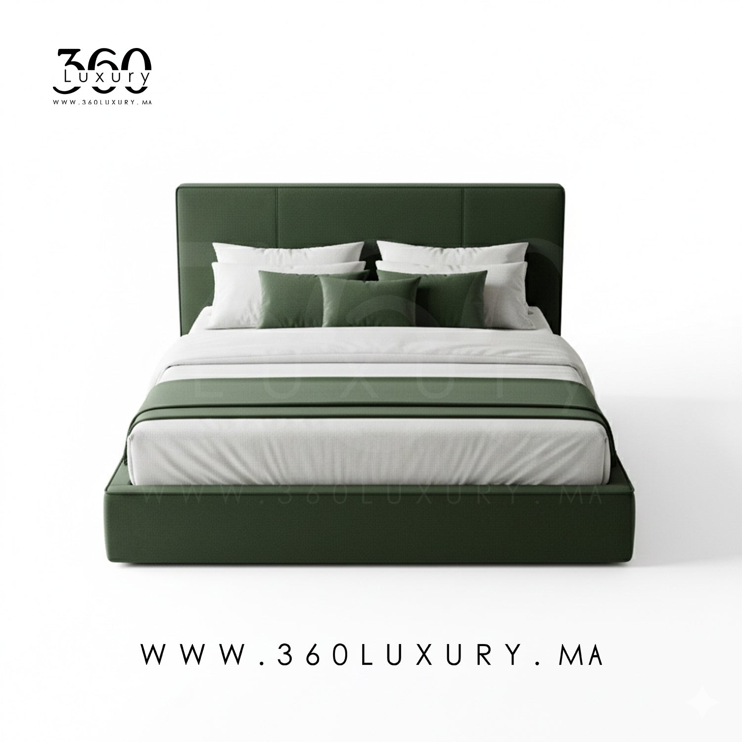 Lit MILANO vert forêt moderne en tissu toile haut de gamme, design marocain 360Luxury