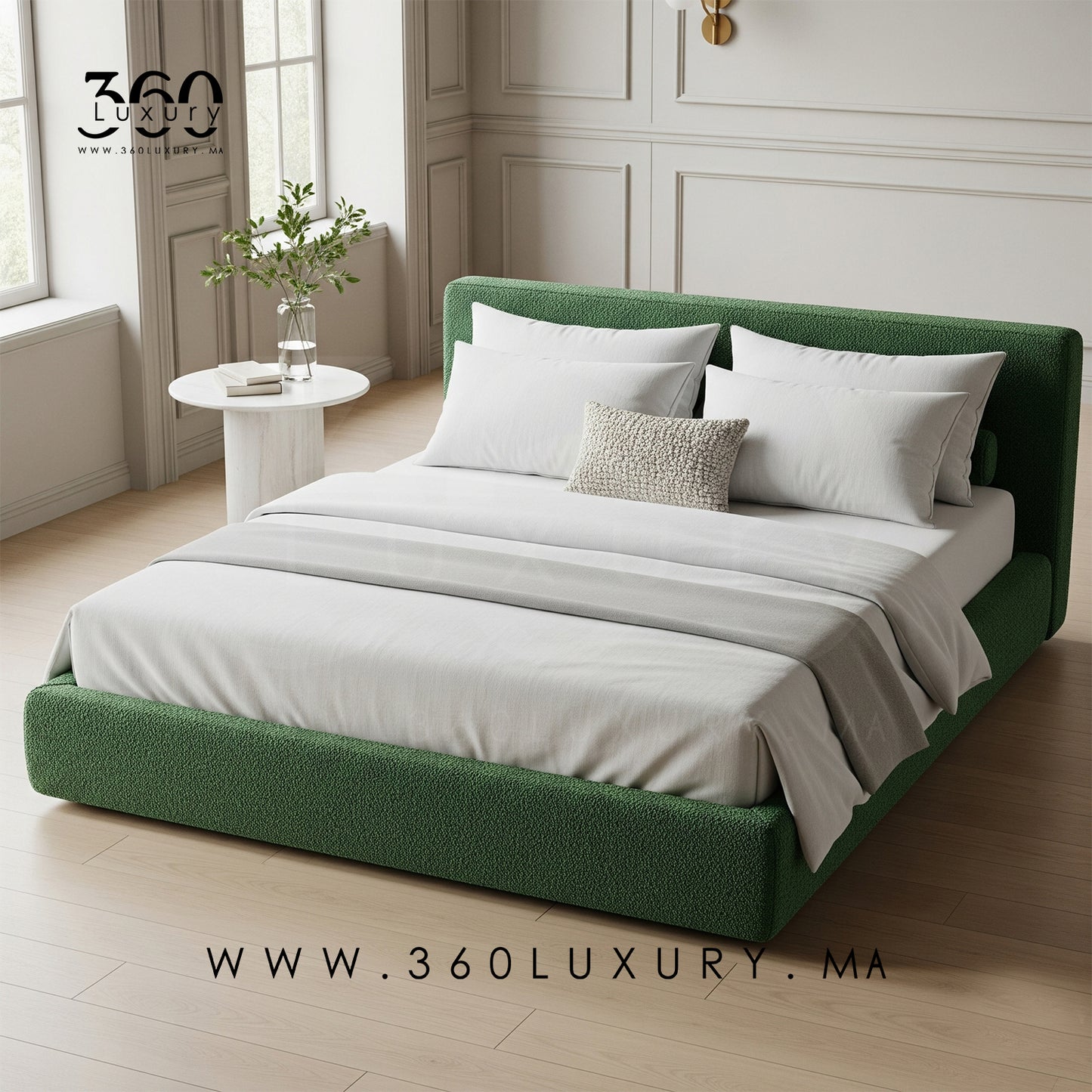Vue latérale du lit MILANO vert forêt, finition soignée et élégante