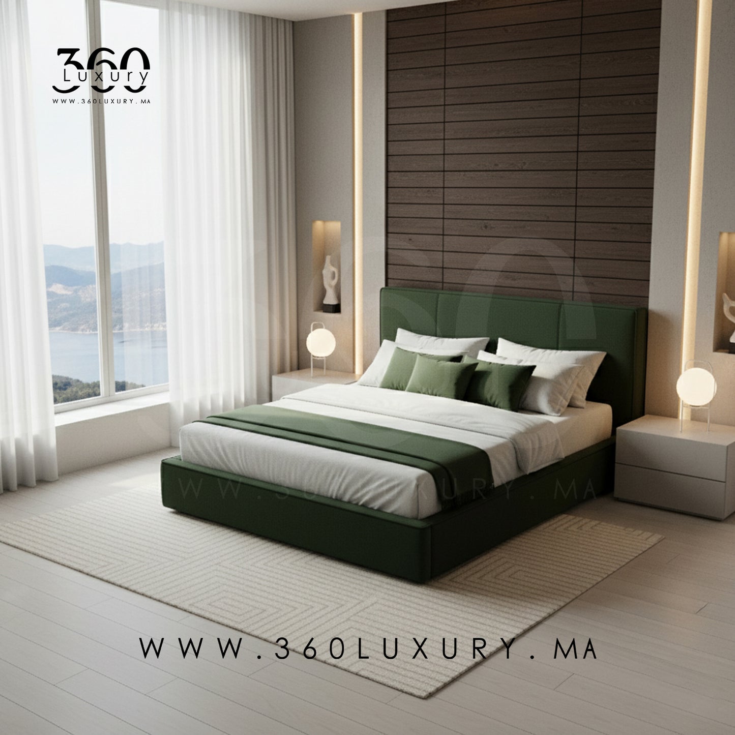 Lit MILANO vert forêt avec sommier inclus, fabrication artisanale marocaine