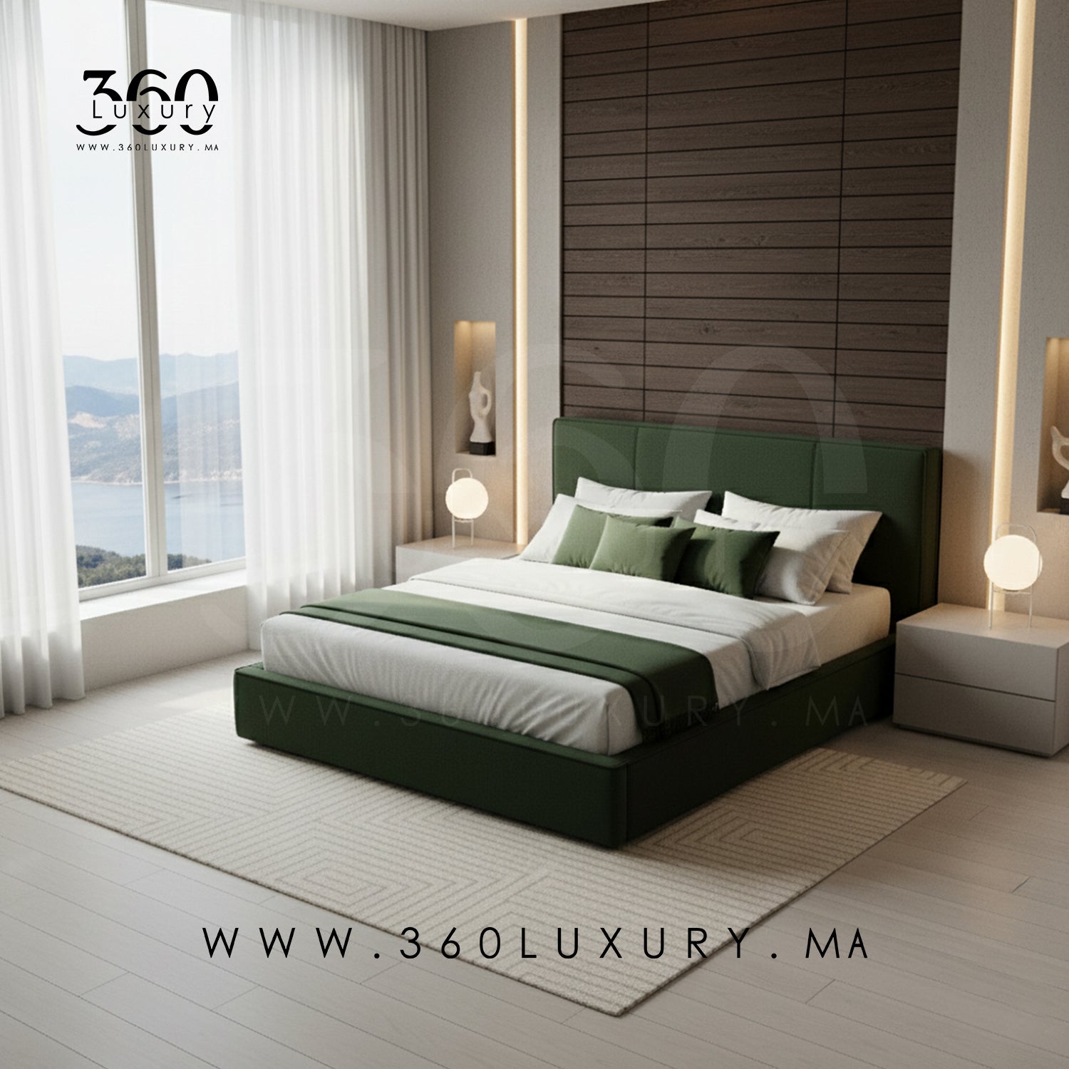 Lit MILANO vert forêt avec sommier inclus, fabrication artisanale marocaine