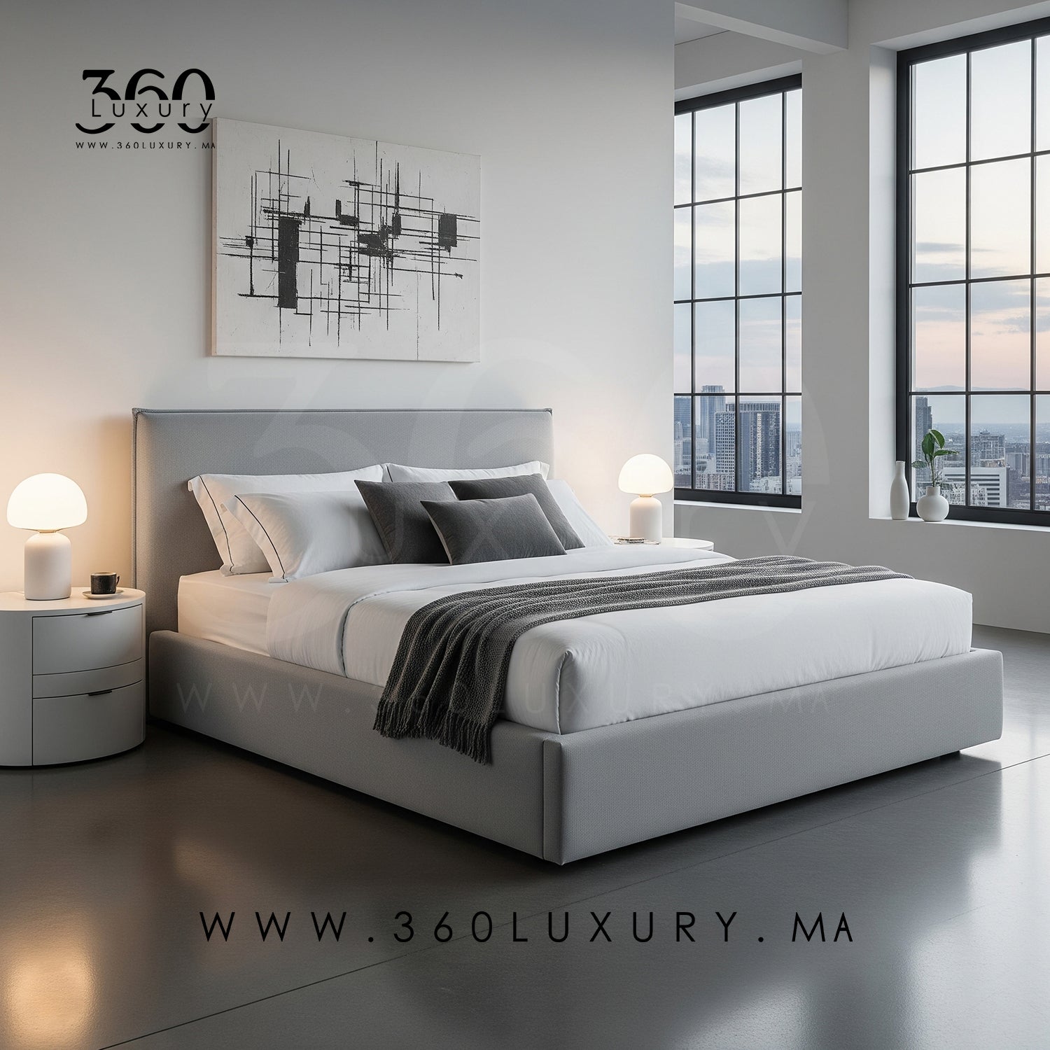 Lit design OSLO bouclette gris clair, confort et qualité 360Luxury,  1,40mx2m, 1,80mx2m, 1,60mx2m, 2mx2m, Lit bouclette gris clair OSLO, structure en bois massif, sommeiller intégrer 360Luxury Maroc, pas cher, prix Usine, livraison gratuite