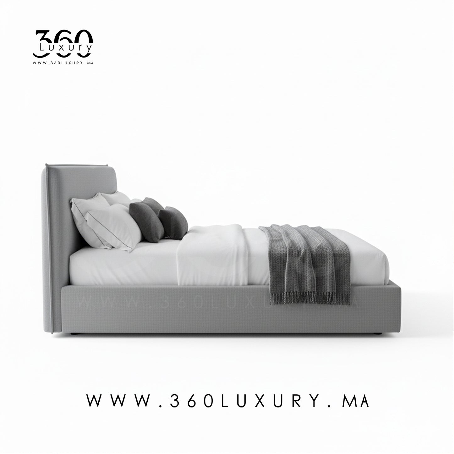 Lit moderne OSLO gris clair, finition lisse et tissu bouclette doux 1,40mx2m, 1,80mx2m, 1,60mx2m, 2mx2m, Lit bouclette gris clair OSLO, structure en bois massif, sommeiller intégrer 360Luxury Maroc