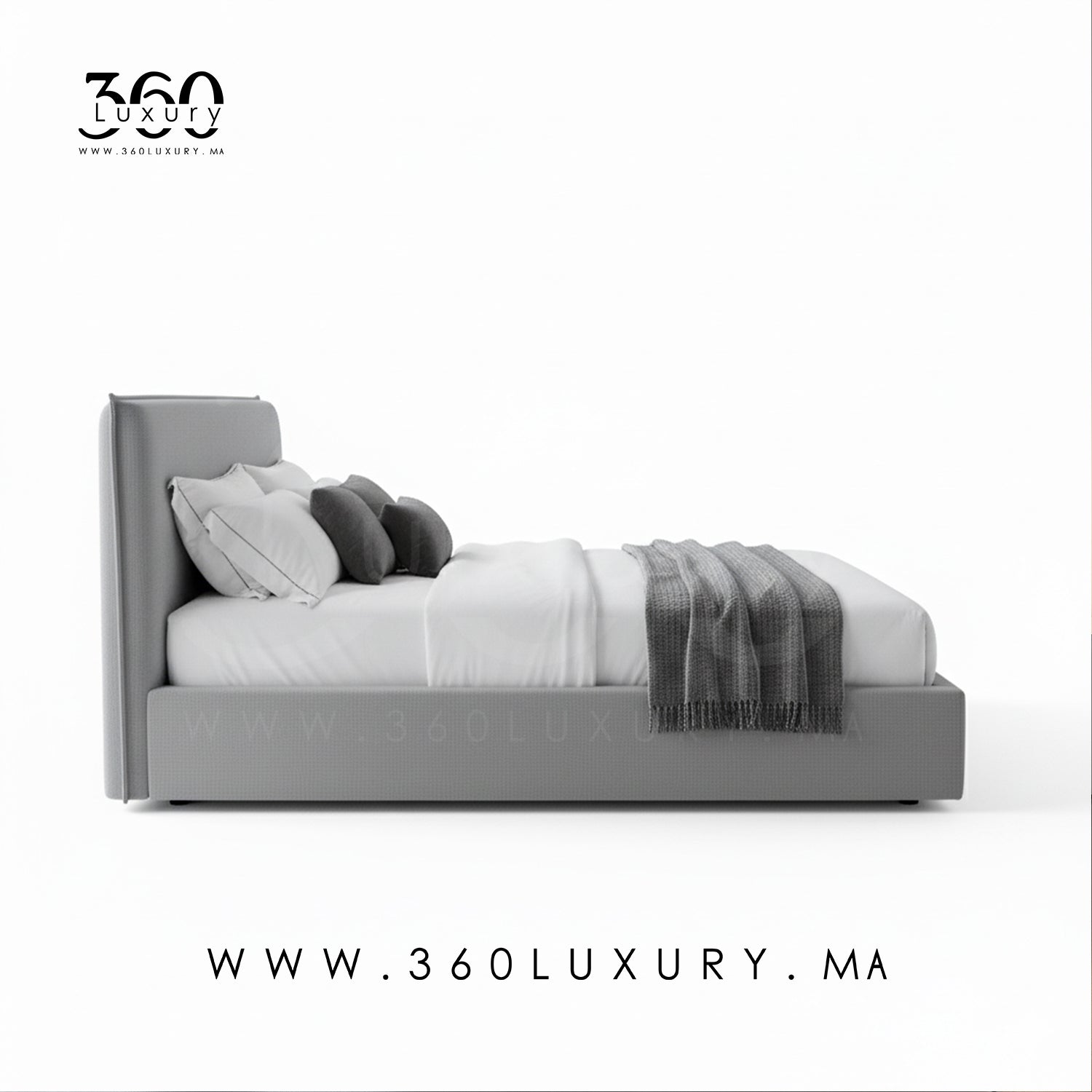 Lit moderne OSLO gris clair, finition lisse et tissu bouclette doux 1,40mx2m, 1,80mx2m, 1,60mx2m, 2mx2m, Lit bouclette gris clair OSLO, structure en bois massif, sommeiller intégrer 360Luxury Maroc