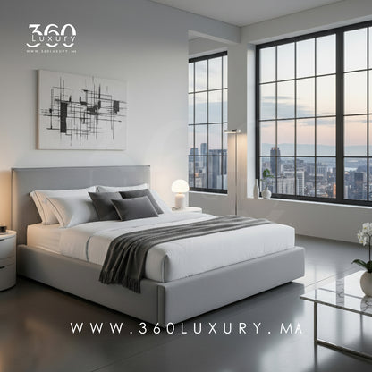 "Détails du lit OSLO gris clair, tissu bouclette lisse et couture fine, pas cher en promotion, prix Usine, Livraison Gratuite.