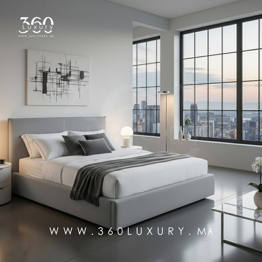 "Détails du lit OSLO gris clair, tissu bouclette lisse et couture fine, pas cher en promotion, prix Usine, Livraison Gratuite.