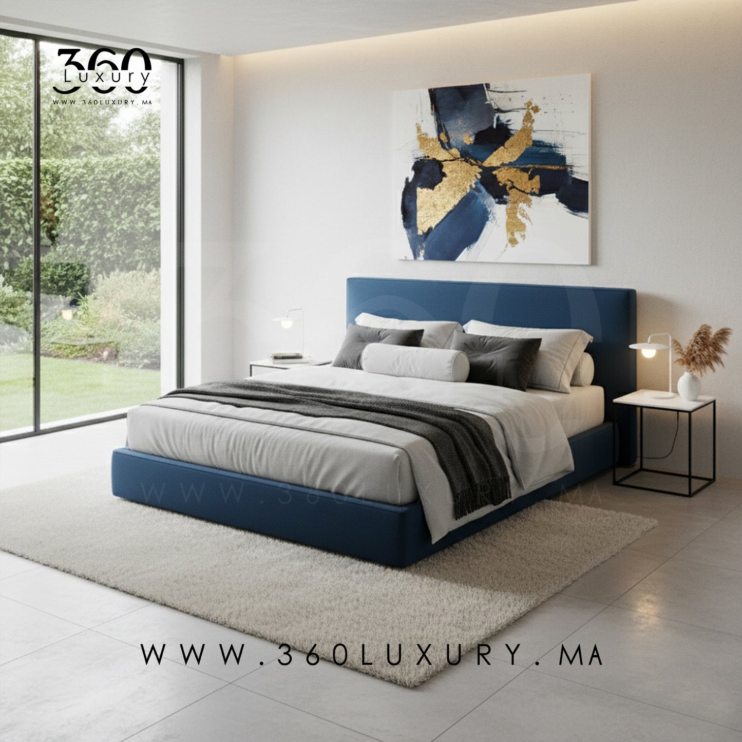 Lit PORTO bleu nuit avec rangement intégré, fabrication sur commande, livraison gratuite par tout au Maroc, prix pas cher