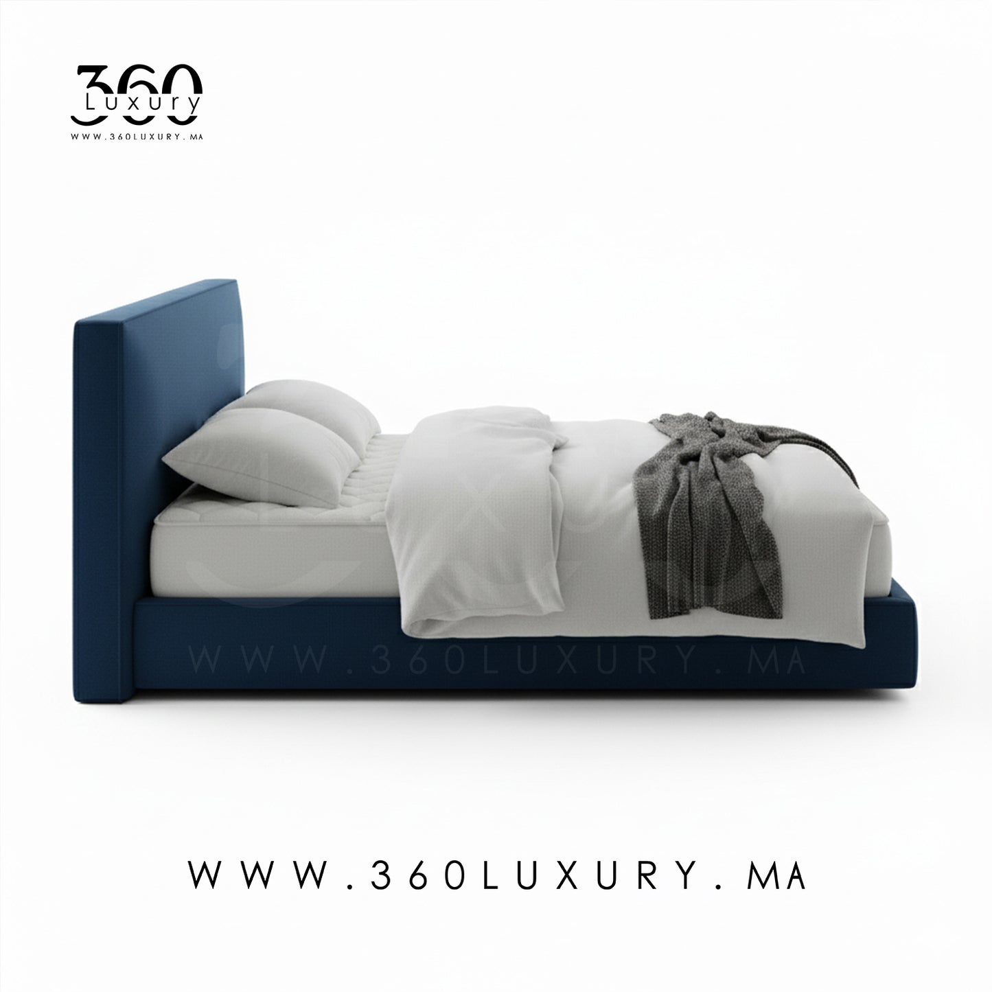 Vue latérale du lit PORTO bleu nuit, design minimaliste et élégant, prix pas cher en Promotion, liquidation.