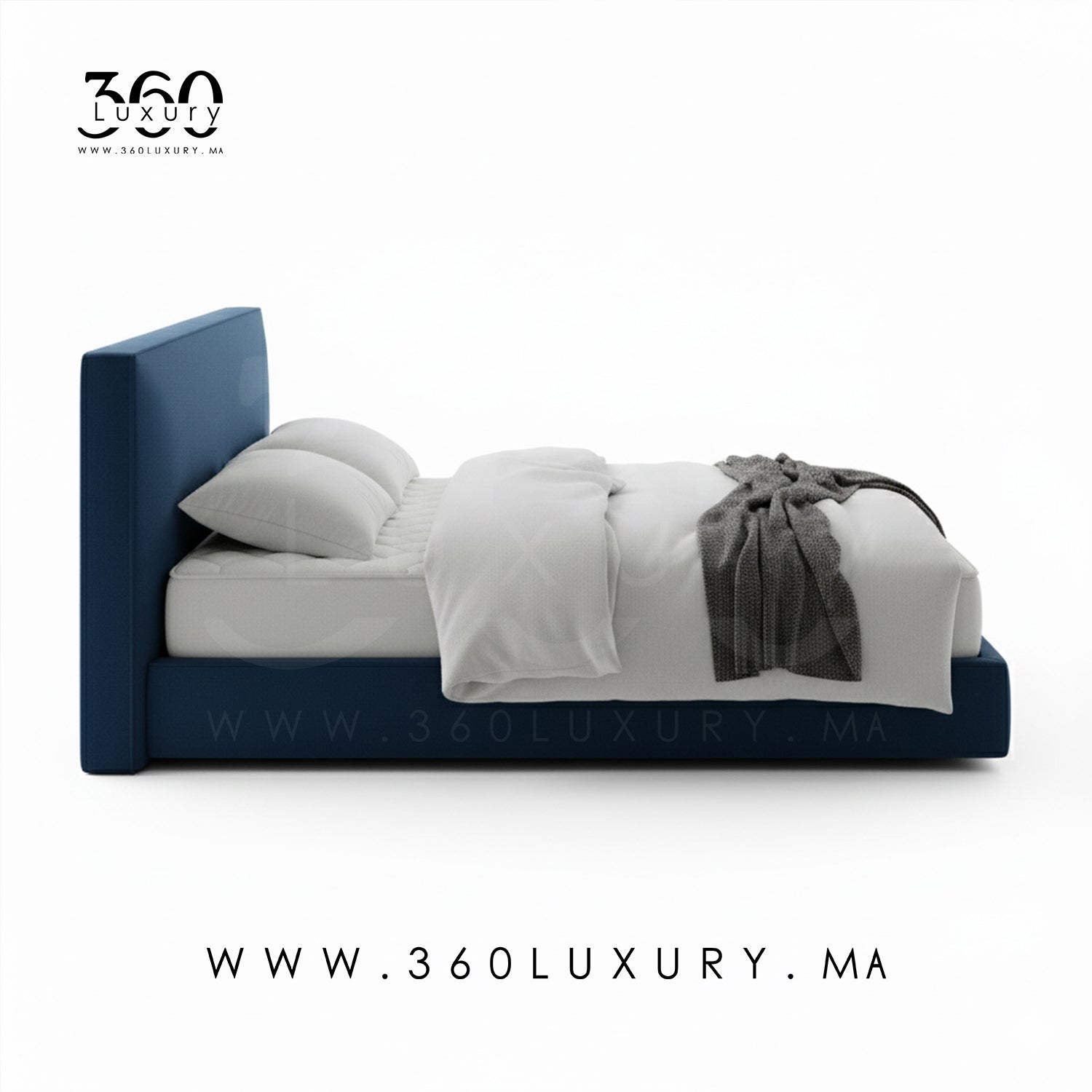 Vue latérale du lit PORTO bleu nuit, design minimaliste et élégant, prix pas cher en Promotion, liquidation.