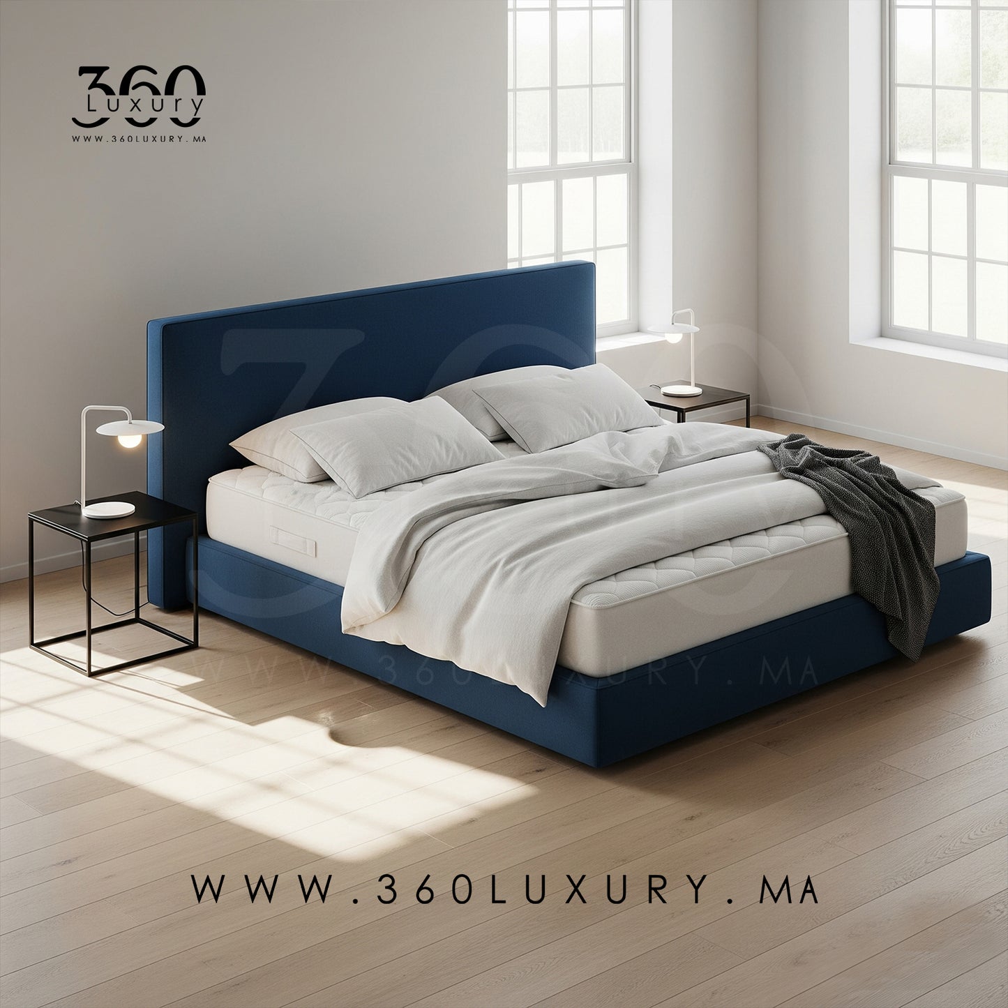 Lit contemporain PORTO bleu nuit, fabrication locale au Maroc, prix usine, Livraison Gratuite