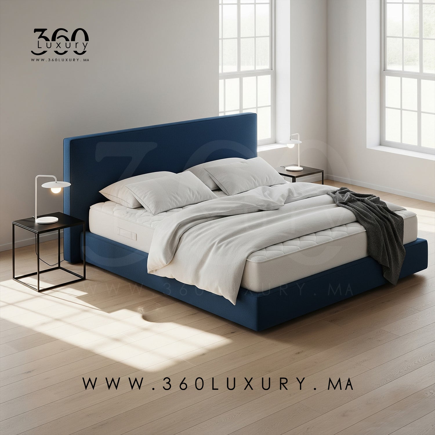 Lit contemporain PORTO bleu nuit, fabrication locale au Maroc, prix usine, Livraison Gratuite