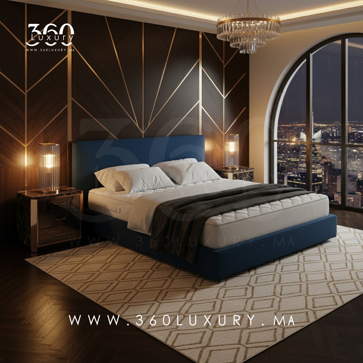 Lit PORTO bleu nuit moderne, confort et style haut de gamme marocain Pas cher en promotion