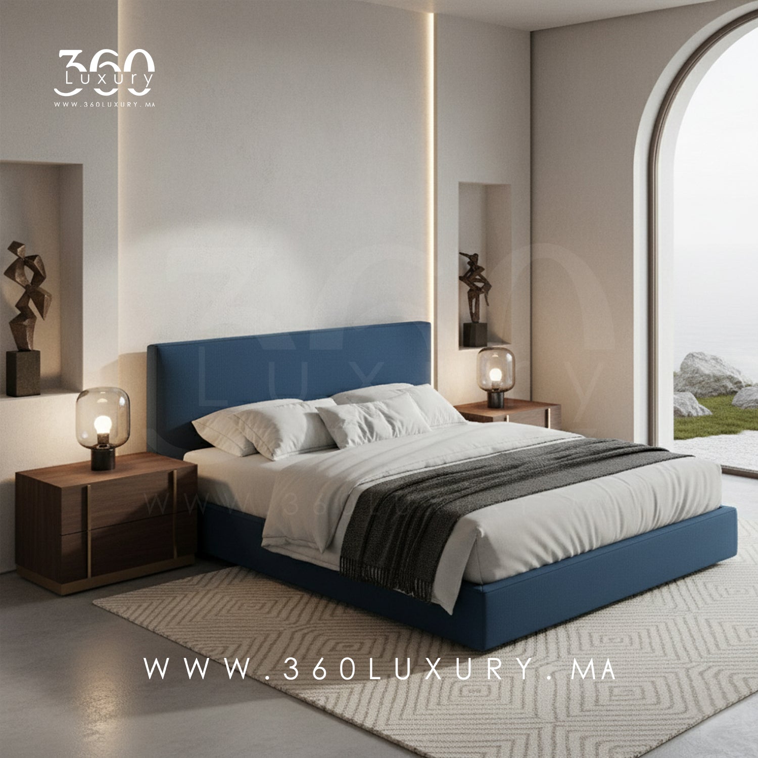 Tête de lit rembourrée du lit PORTO bleu nuit, design épuré 360Luxury Maroc lit pas cher