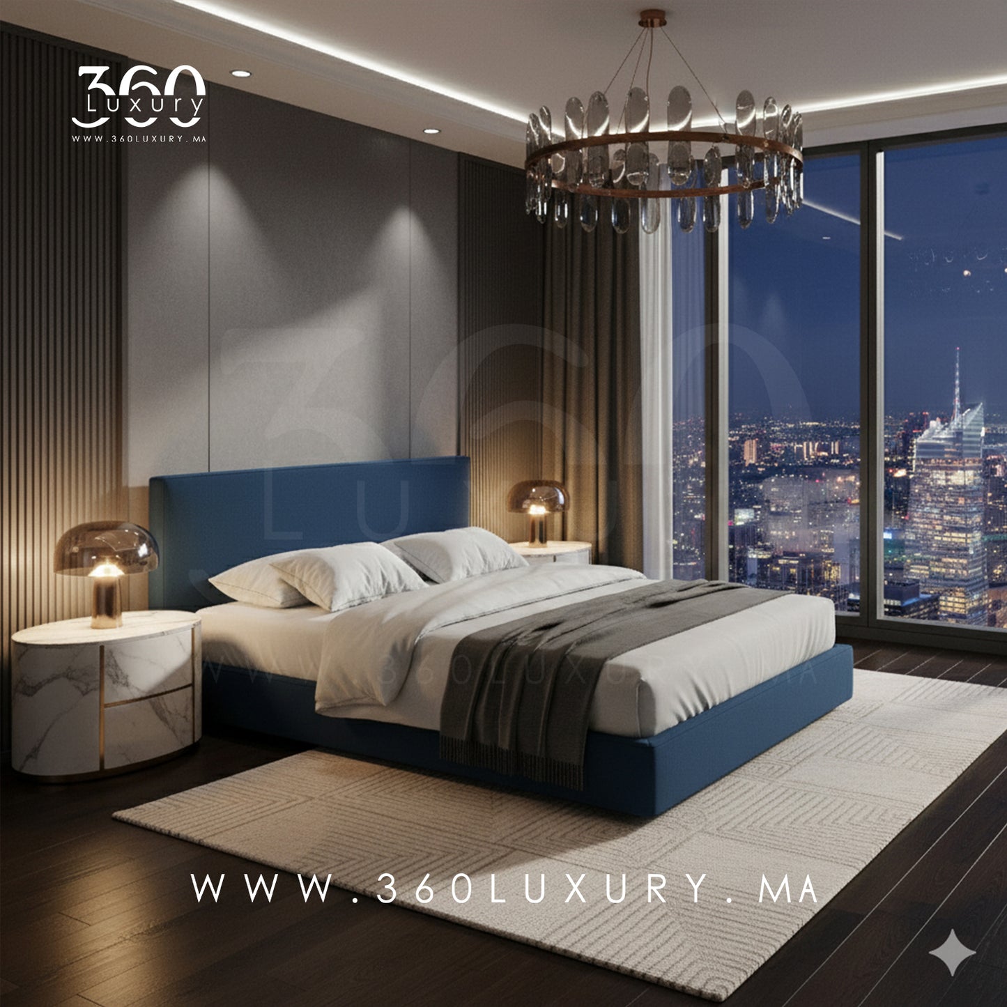 Lit PORTO bleu nuit moderne en tissu premium, design contemporain Maroc