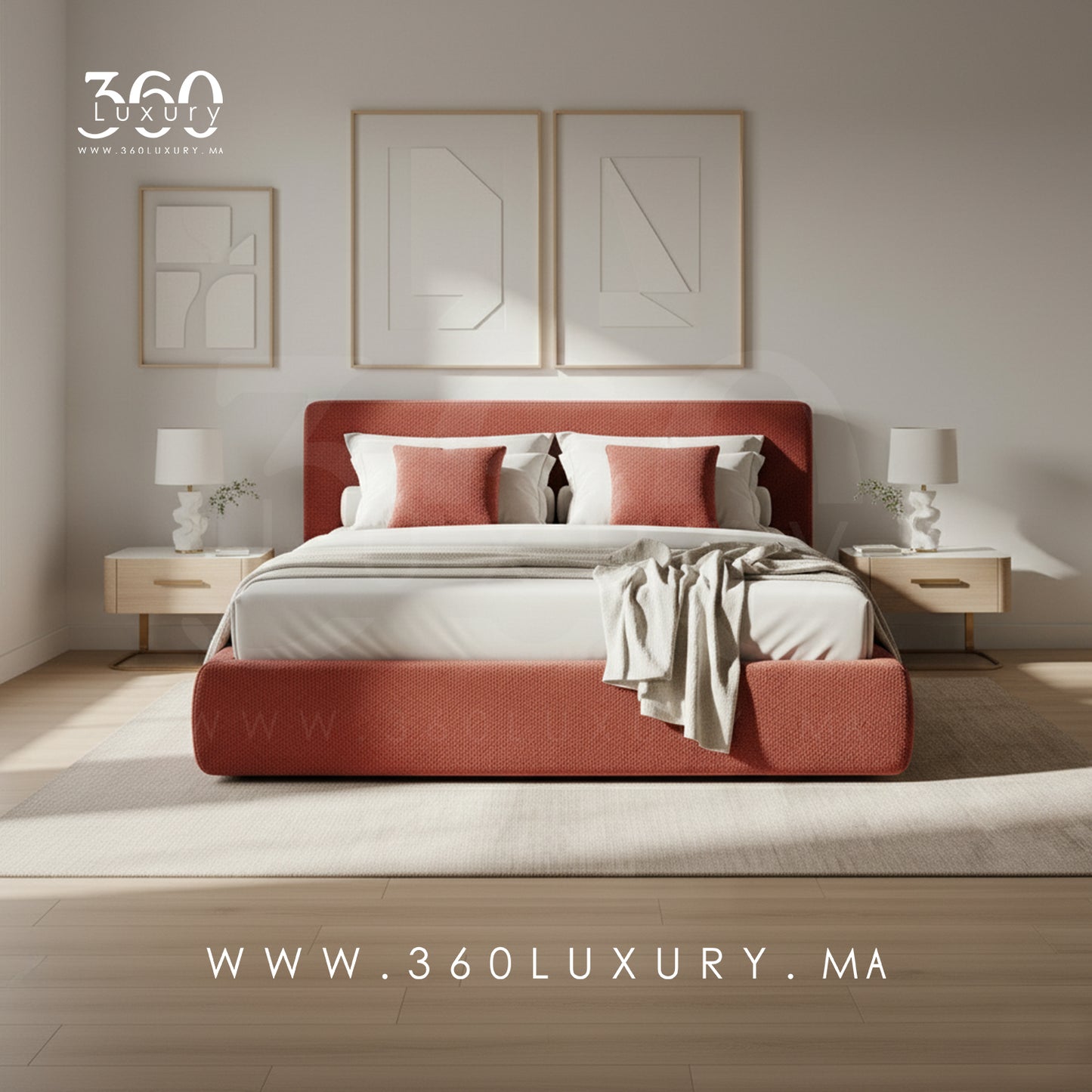 Lit SIENA bouclette rouge terracotta moderne, design marocain haut de gamme, Lit 180cm, 200cm, 140cm, SIENA bouclette rouge, structure en bois massif, 360Luxury Maroc, solde, promotion, prix pas cher, livraison depuis l'usine 