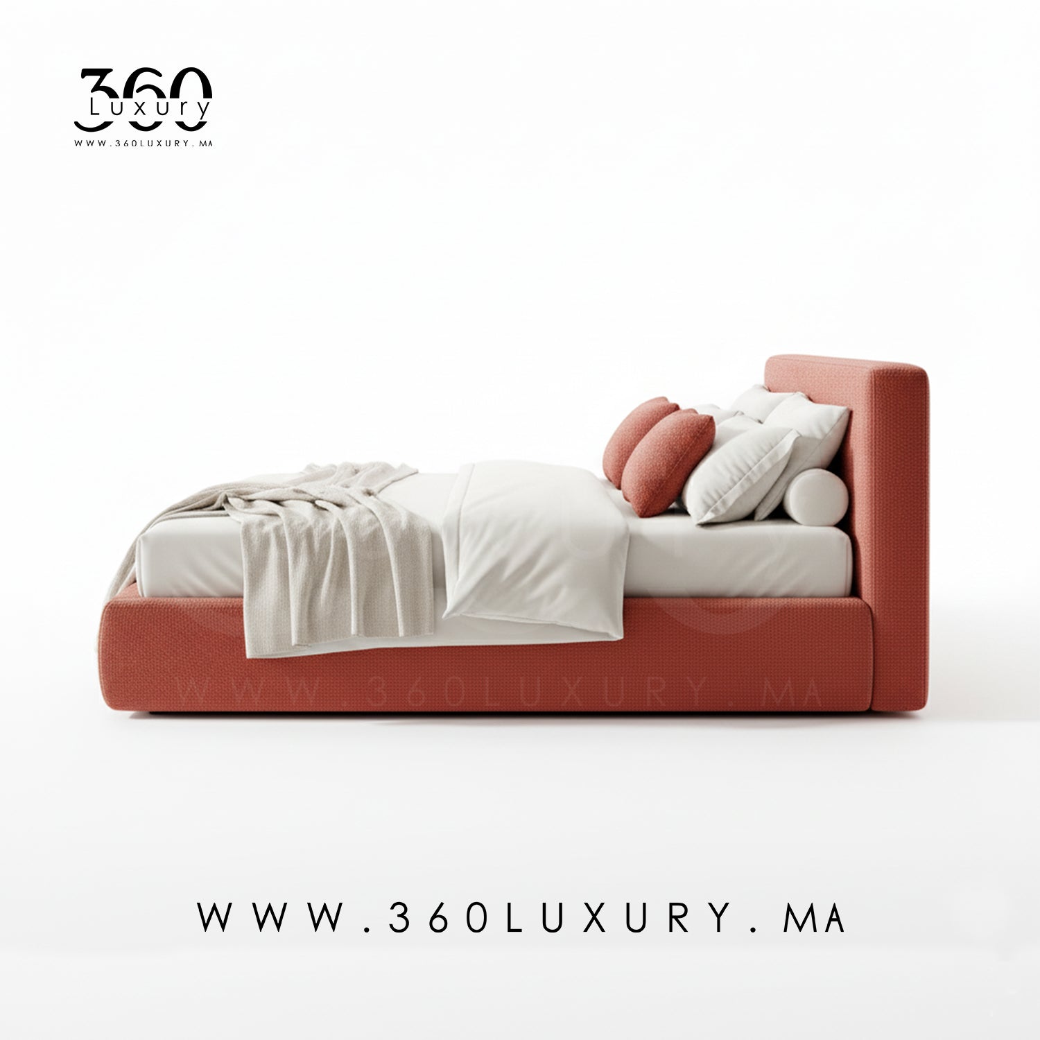 Lit SIENA rouge terracotta en tissu bouclette, fabrication artisanale marocaine, Lit 180cm, 200cm, 140cm, solde, promotion, prix pas cher, livraison depuis l'usine 