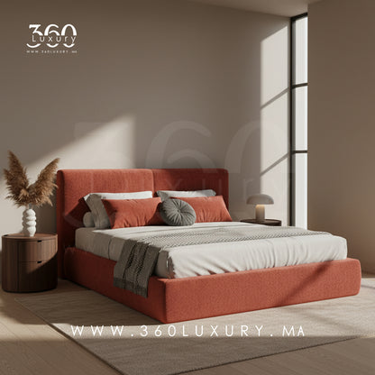 Lit SIENA rouge terracotta, tissu bouclette doux et confortable, Lit 180cm, 200cm, 140cm, SIENA bouclette rouge, structure en bois massif, 360Luxury Maroc, solde, promotion, prix pas cher, livraison depuis l'usine 