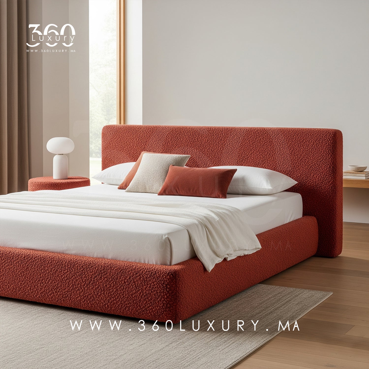 Lit SIENA bouclette rouge terracotta, mobilier contemporain au Maroc, Lit 180cm, 200cm, 140cm, SIENA bouclette rouge, structure en bois massif, 360Luxury Maroc, solde, promotion, prix pas cher, livraison depuis l'usine 