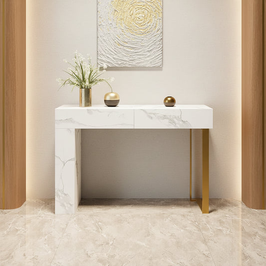 Console table pour entrée appartement ou villa pas cher qualité luxe Bois MDF effet marbre calacata blanc piètement metalique finition doré livraison partout au maroc 