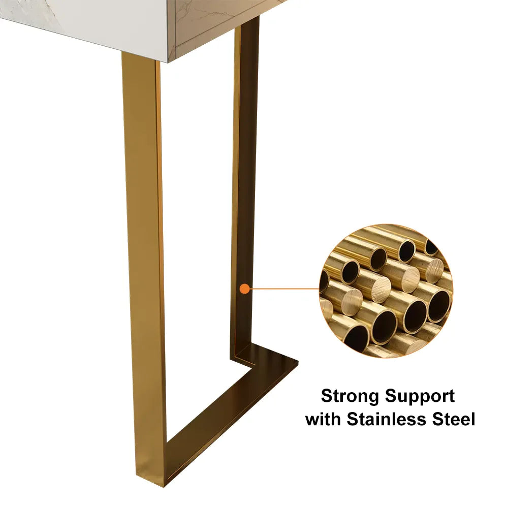 Console table pour entrée appartement ou villa pas cher qualité luxe Bois MDF effet marbre calacata blanc piètement metalique finition doré livraison partout au maroc 