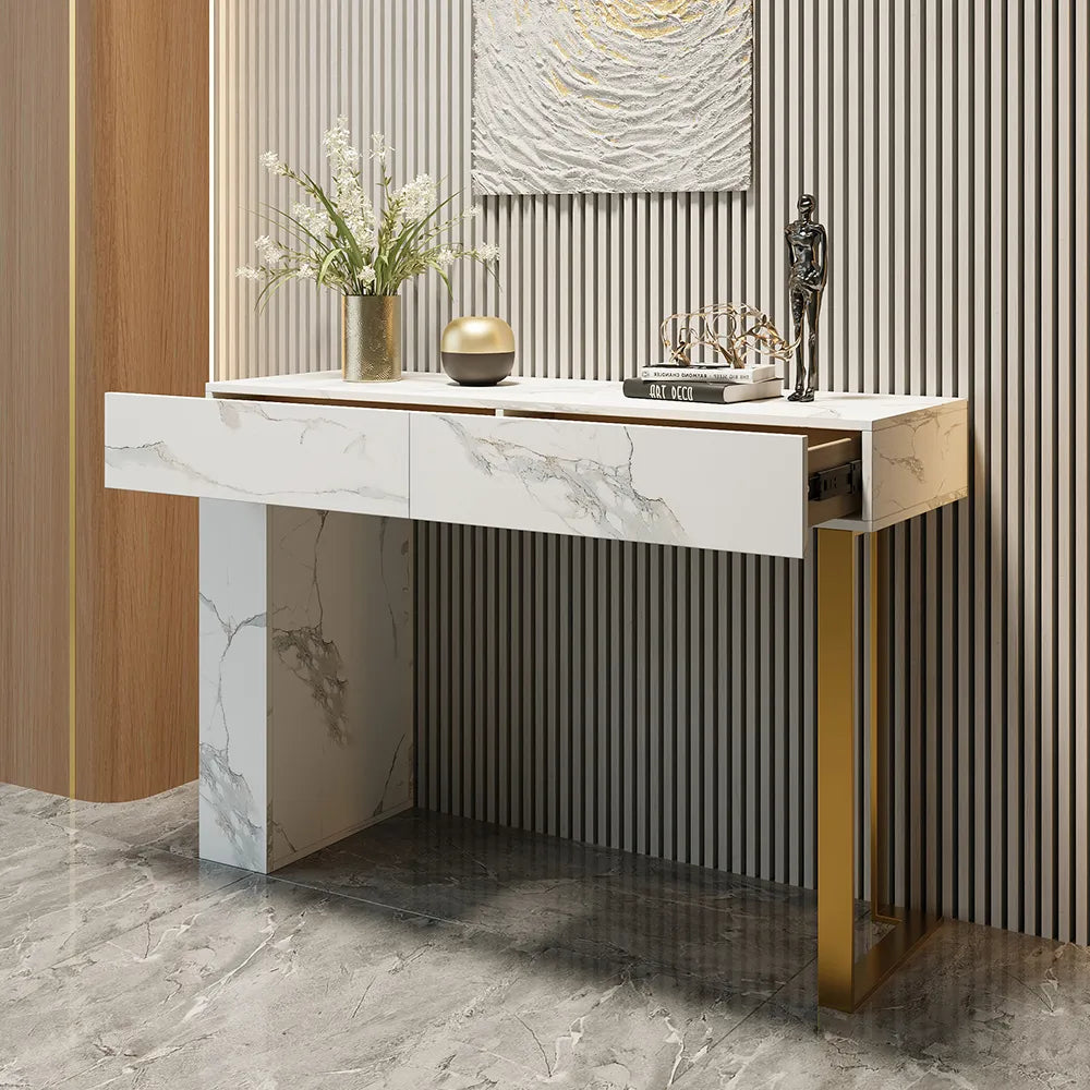 Console table pour entrée appartement ou villa pas cher qualité luxe Bois MDF effet marbre calacata blanc piètement metalique finition doré livraison partout au maroc 