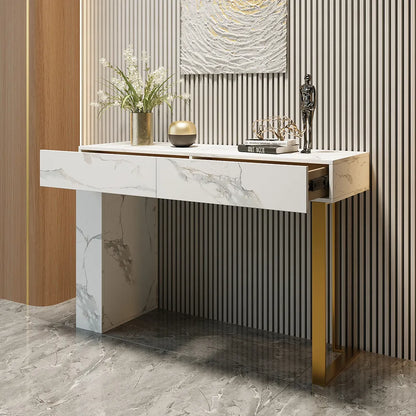 Console table pour entrée appartement ou villa pas cher qualité luxe Bois MDF effet marbre calacata blanc piètement metalique finition doré livraison partout au maroc 