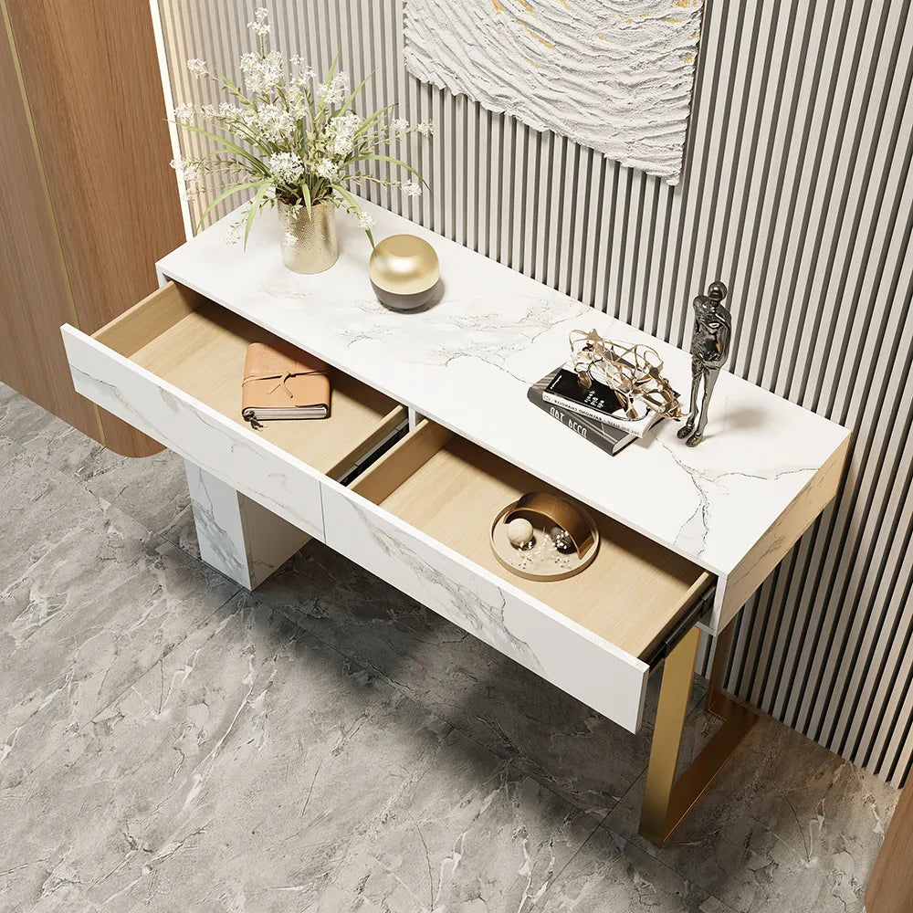 Console table pour entrée appartement ou villa pas cher qualité luxe Bois MDF effet marbre calacata blanc piètement metalique finition doré livraison partout au maroc 