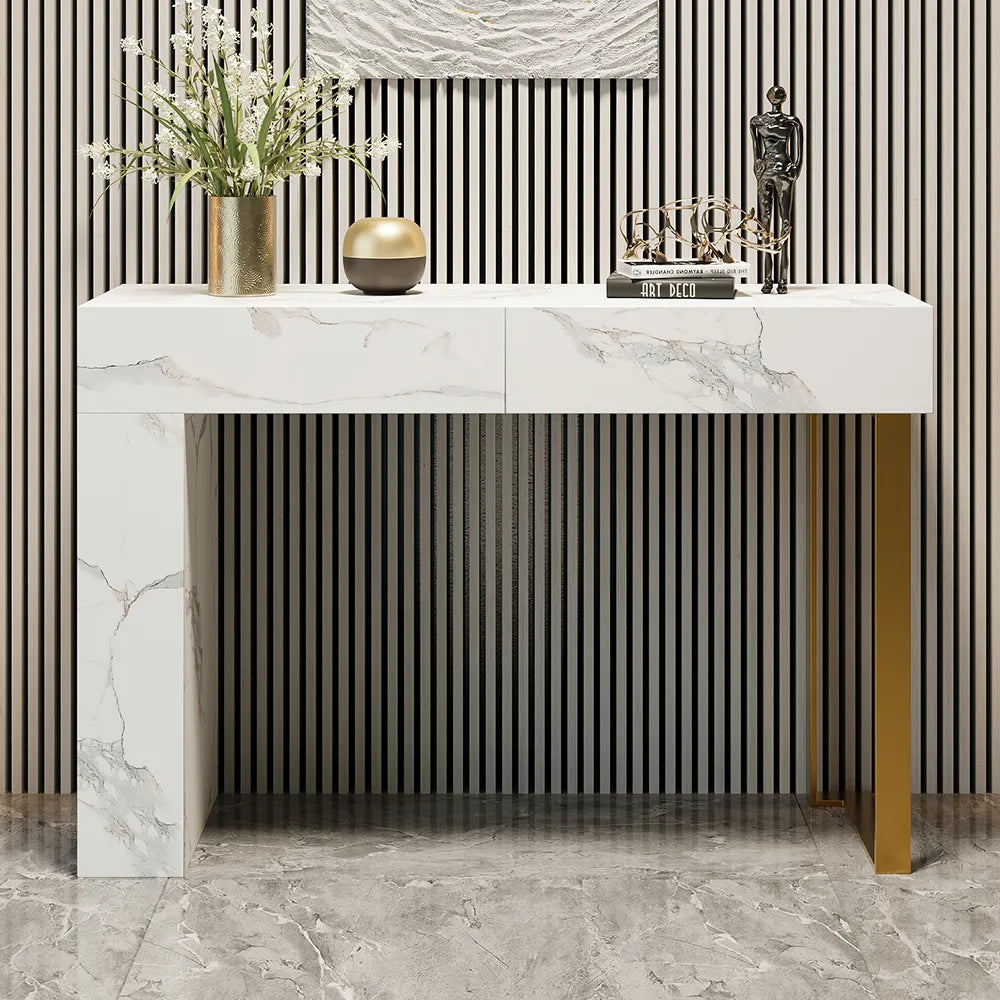 Console table pour entrée appartement ou villa pas cher qualité luxe Bois MDF effet marbre calacata blanc piètement metalique finition doré livraison partout au maroc 