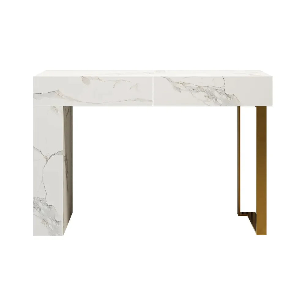Console table pour entrée appartement ou villa pas cher qualité luxe Bois MDF effet marbre calacata blanc piètement metalique finition doré livraison partout au maroc 